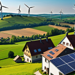 **

Prompt: "Scenic countryside with rolling hills. In the foreground, a modern wind turbine and solar panels gleam under a sunny sky. In the distance, a traditional German village nestled amongst green fields. Overlay a faint, stylized map of Germany with highlighted power lines connecting the renewable energy sources to urban centers. Focus on conveying a sense of progress, sustainability, and the connection between rural energy production and urban consumption. Natural lighting, high resolution."

**
