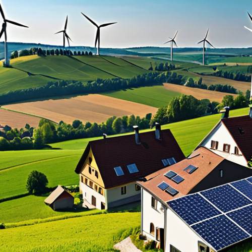 Home 11 **
Prompt: "Scenic countryside with rolling hills. In the foreground, a modern wind turbine and solar panels gleam under a sunny sky. In the distance, a traditional German village nestled amongst green fields. Overlay a faint, stylized map of Germany with highlighted power lines connecting the renewable energy sources to urban centers. Focus on conveying a sense of progress, sustainability, and the connection between rural energy production and urban consumption. Natural lighting, high resolution."
**