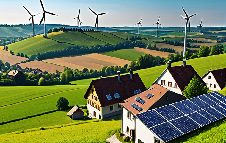 **
Prompt: "Scenic countryside with rolling hills. In the foreground, a modern wind turbine and solar panels gleam under a sunny sky. In the distance, a traditional German village nestled amongst green fields. Overlay a faint, stylized map of Germany with highlighted power lines connecting the renewable energy sources to urban centers. Focus on conveying a sense of progress, sustainability, and the connection between rural energy production and urban consumption. Natural lighting, high resolution."
**