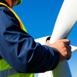 A professional renewable energy technician, fully clothed in a practical and modest work uniform including a safety vest and hard hat, carefully inspecting a section of a large wind turbine rotor blade. The setting is a vast wind farm under a clear blue sky, with other turbines visible in the distance. The technician is focused on their task, embodying precision and expertise. Perfect anatomy, correct proportions, natural pose, well-formed hands, proper finger count, natural body proportions, professional photography, high quality, safe for work, appropriate content, fully clothed, family-friendly.