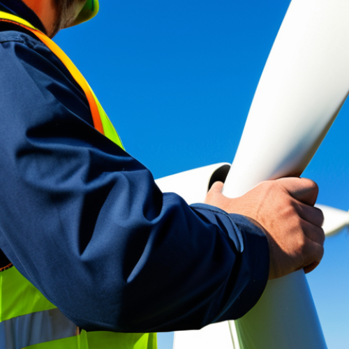 A professional renewable energy technician, fully clothed in a practical and modest work uniform including a safety vest and hard hat, carefully inspecting a section of a large wind turbine rotor blade. The setting is a vast wind farm under a clear blue sky, with other turbines visible in the distance. The technician is focused on their task, embodying precision and expertise. Perfect anatomy, correct proportions, natural pose, well-formed hands, proper finger count, natural body proportions, professional photography, high quality, safe for work, appropriate content, fully clothed, family-friendly.