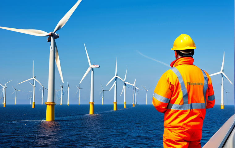 재생에너지 기술의 지역별 특성 - Coastal Wind Farm**
"A vast wind farm off the German North Sea coast, wind turbines gracefully turn...