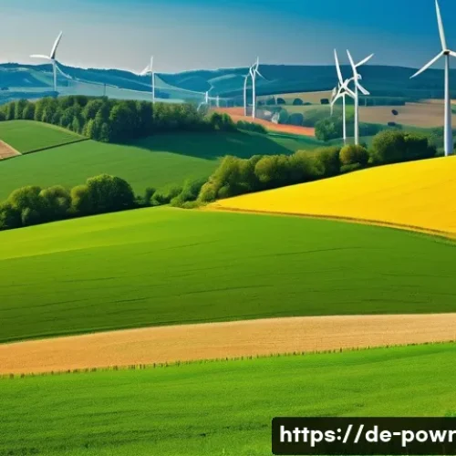 Home 30 재생에너지 사용 시의 환경적 이점 - A vibrant rural German landscape featuring modern wind turbines and expansive solar panel fields und...