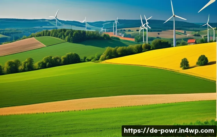 재생에너지 사용 시의 환경적 이점 - A vibrant rural German landscape featuring modern wind turbines and expansive solar panel fields und...