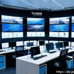 재생에너지 기술의 지속 가능한 발전 전략 - A modern smart grid control center in Germany, featuring large digital screens displaying real-time ...