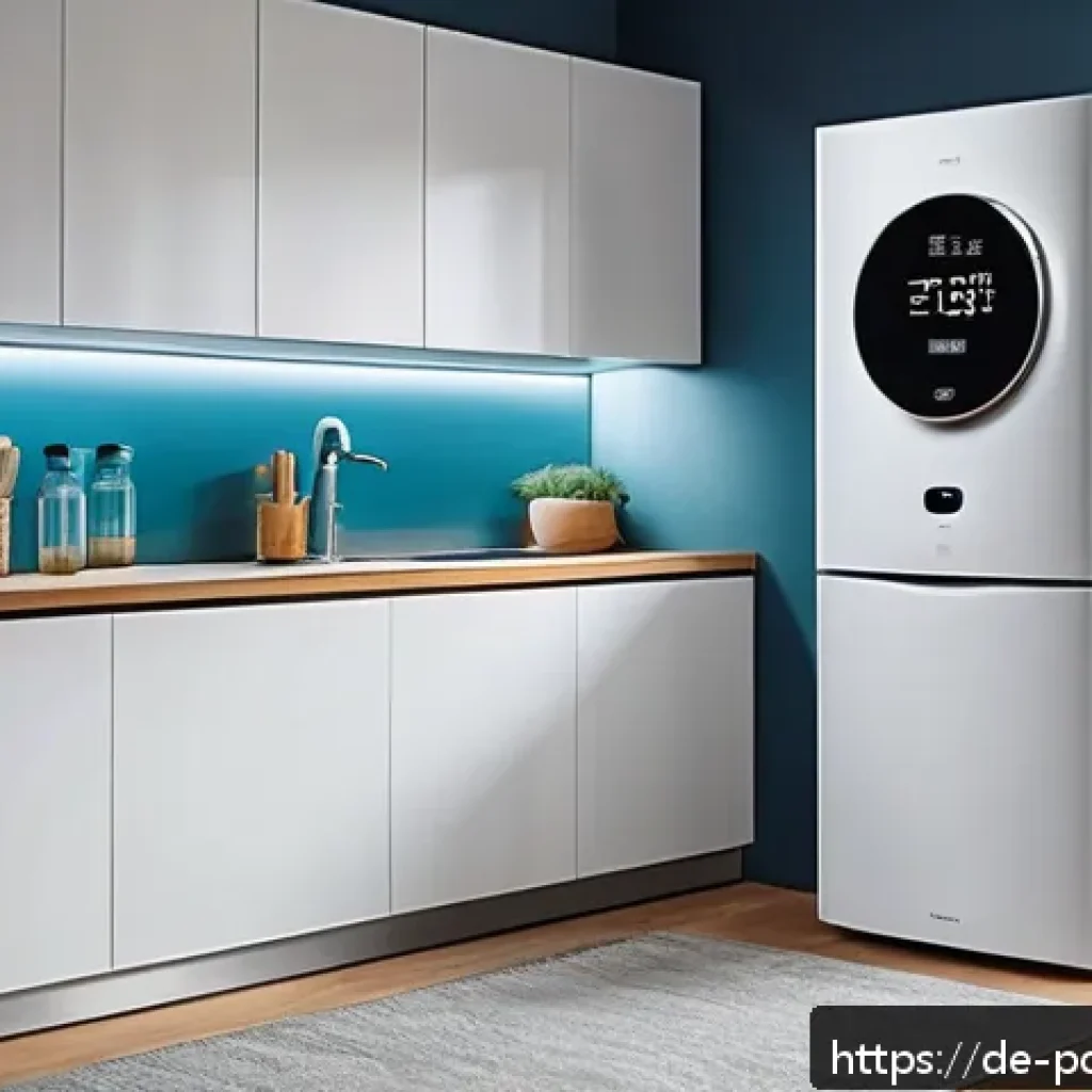 스마트 미터와 재생에너지의 관계 - A modern German household interior showcasing a smart meter mounted on a wall next to a sleek refrig...